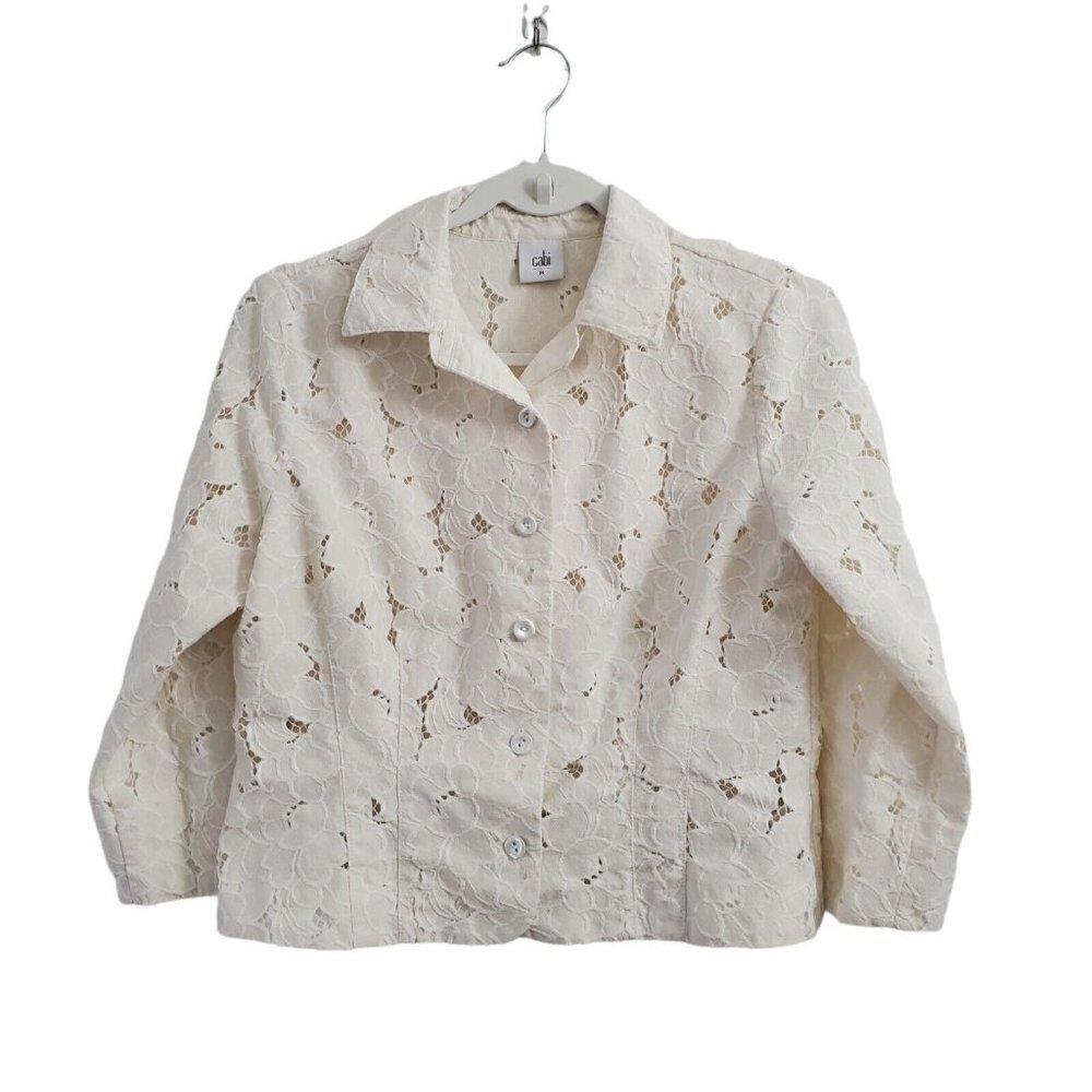 CAbi Portrait Lace Jacket Button-Up‎ Medium Ivory Collared Spring 5162